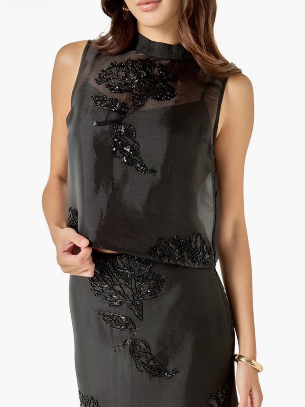 NWT English Factory Beaded sheer mock neck top